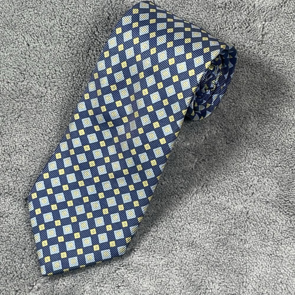 Brooks Brothers Makers Blue Yellow Geometric Handmade Silk Tie Made in USA
